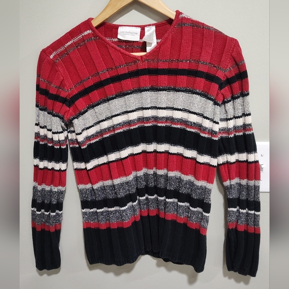 Liz Claiborne Sweaters - 90s LIZ CLAIBORNE Ribbed Knit Cotton Sweater red black gray white Stripe, Size M